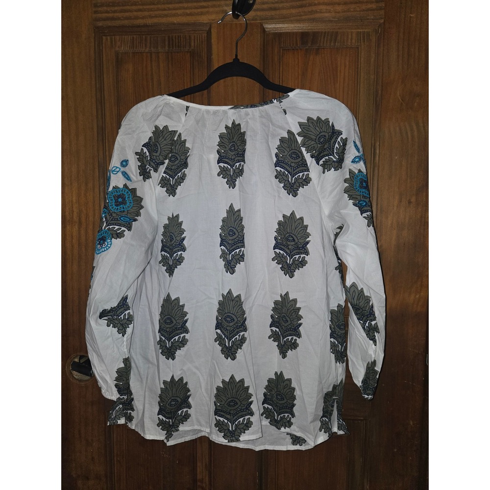 Talbots Womens White Blue Floral Block Print Cotton Peasant Blouse Top Large NWT - Picture 3 of 6